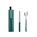Tragbares 304 Edelstahl Besteckset mit Stäbchen, Löffel und dunkelgrüner Aufbewahrungsbox. - Löffel + Stäbchen + Grüner Kasten / Grün Lackiert