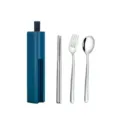 Tragbares 304 Edelstahl Besteckset mit Stäbchen Gabel Löffel und Aufbewahrungsbox outdoor. - Löffel + Gabel + Stäbchen + Blauer Kasten / Silber