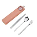 Tragbares rosa Edelstahl Besteckset mit süßer Hasen Aufbewahrungsbox für Schüler. - Rosa Hase / Edelstahl Stäbchen + Löffel + Gabel
