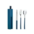 Tragbares Besteckset aus Edelstahl mit dunkelblauer Box, Löffel, Gabel und Essstäbchen. - Löffel + Gabel + Stäbchen + Blauer Kasten / Blau Lackiert