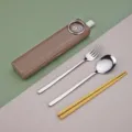 Tragbares Edelstahl Besteckset mit Bären Aufbewahrungsbox, Löffel Gabel und Stäbchen - Brauner Bär / Legierung Stäbchen + Löffel + Gabel