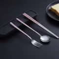 Ensemble de couverts portables en acier inoxydable à 3 pièces avec manche rose, fourchette - Ensemble trois pièces / Rose