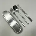 Tragbares Titan Besteckset Löffel Gabel Stäbchen mit Etui für Outdoor Reisen und Studenten - Set: 316 Löffel, Gabel & Essstäbchen mit 304 Aufbewahrungsbox