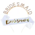 Brautjungfer Strass Haarreif und weisse Scharpe Set fuer Junggesellinnenabschied Hochzeit - Brautjungfer Set / Gold (BRIDESMAID)