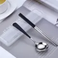 Set de couverts portable en acier inoxydable avec baguettes cuillère et boîte de rangement - Ensemble noir et argent