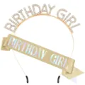 Birthday girl rhinestone tiara and gold glitter sash party celebration accessory set. - Gold Holographic Set / Gold