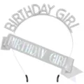 Silver rhinestone birthday girl headband and glitter sash set for party celebration accessories - Silver Holographic Set