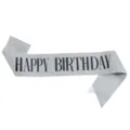 Silver Glitter Birthday Sash Party Celebration Accessory Sparkling Fabric Belt for Women Men - One Size / Happy Birthday / Silver with Black Text