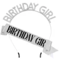 Birthday girl rhinestone tiara headband and glitter sash set for birthday party celebration. - Silver Jewelry Set
