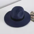 Navy blue straw fedora hat with black ribbon, classic summer beach sun protection. - M (56-58cm) / Dark Blue