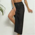 Falda pareo de playa de punto de ganchillo negro, abertura alta, ropa de baño sexy. - S / Negro