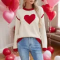 Maglione in maglia con cuore San Valentino donna rosso bianco contrasto collo rotondo - Taglia S / Albicocca
