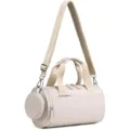 Close-up detail of beige cylindrical gym duffel bag with wide strap and side pouch. - Off White