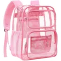 Pink transparent PVC backpack close up, large capacity waterproof bookbag with multiple pockets. - 20-35L / Pink
