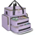 Double layer nail polish storage bag organizer with removable pouches and sturdy handles for travel. - Purple