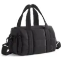 Black quilted nylon puffer tote bag featuring comfortable top handles and adjustable strap. - Black
