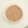 Natural handmade woven placemat with white fringe, round straw heat insulation pad for table use. - 38cm Machine-Stitched Braided Water Hyacinth Placemat with Fringe