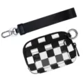 Black and white checkerboard nylon card holder wallet with wrist strap and keychain. - Black and White Plaid