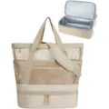 Grand sac de plage en filet avec compartiment isotherme, poches et bretelles pour vos voyages d'été. - Kaki