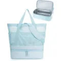 Grand sac cabas de plage en filet bleu clair avec poches zippées et compartiment isotherme - Bleu clair
