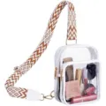 Clear crossbody bag with brown geometric wide strap, transparent PVC shoulder bag for women - White