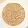 Natural hand-woven straw placemat, round heat-resistant table mat detail texture view. - 34cm Machine-Stitched Braided Water Hyacinth Placemat