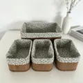 Ensemble de paniers de rangement tissés à la main avec doublure en tissu motif feuilles. - Doublure Feuille Verte Bambou Carbonisé Ensemble 4 Pièces / Ensemble 4 Pièces (36x26x15cm & 23x14x12cm x3)
