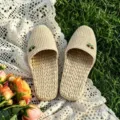 Handmade woven straw slippers detail view, featuring breathable indoor comfort footwear. - Double-Sole Straw Sandals with Coffee Woven Flowers