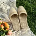 Handmade woven straw closed toe slippers casual indoor comfort shoes summer beach style - Double-Sole Straw Sandals with Gold Thread