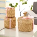 Straw storage basket detail showing round woven lidded box with pink ribbon bow on desk. - Set of Three