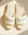 Handmade woven straw slippers indoor breathable closed toe comfort shoes blue stitch variant - 38 / Open-Toe Straw Sandals with Double Sole & Blue Stripes