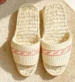 Handcrafted woven straw slippers for indoor comfort, breathable anti-slip design with red stitch. - 38 / Open-Toe Double-Sole Straw Sandals with Red Stripes