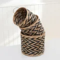 Handmade straw storage basket with black and white woven pattern and metal frame detail. - Straight Black Ripple Pattern (Set of 3)