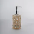 Glass soap dispenser detail showing handmade woven rattan protective mesh cover and pump. - Hollow-out Liquid Soap Dispenser with Pump