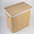 Detailed view of foldable bamboo laundry hamper with lid and fabric trim for home storage. - Small 3-Grid (32x52x60cm)