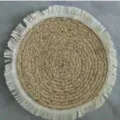 Set de table rond en paille tressée avec franges blanches, tapis isolant thermique minimaliste. - 38cm de Diamètre / Jacinthe d'eau tressée avec bord à franges