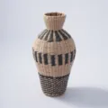 Handmade woven straw vase detail, natural water hyacinth fiber, unique black pattern. - Drum Belly Black Vertical Stripe / Height 45cm