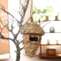 Detailed view of handmade woven straw bird nest, natural plant fiber hanging pet birdhouse. - Nest with Lid 12x17
