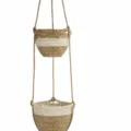 Two-tier woven hanging plant basket with natural straw construction and clear size dimensions. - Lanyard Set of 2