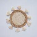 Bohemian round cattail woven wall hanging with white fringe details, intricate handicraft. - 26cm Corn Braid and Water Hyacinth Braid Mat with Tassels (18cm Center)