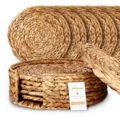 Handmade woven placemats with storage basket set, natural straw table mats for dining. - 30cm Diameter Water Hyacinth Set of 6