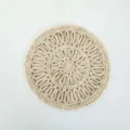 Closeup view of hand-woven corn husk braided round placemat, natural rustic table decor. - 38cm Hoop with 2-Layer Flowers