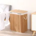 Panier à linge en bambou avec couvercle et poignées, corbeille de rangement pliable. - Impression