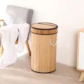 Foldable bamboo laundry hamper with lid and cotton rope handles for clothes and toy storage view - 1.1 Carbonized Round Basket with Heightened Lid 35*60