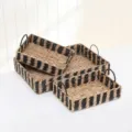 Handwoven seagrass storage basket set with handles for home organization and decor. - Square Frame with Black Patterns (Set of 3)