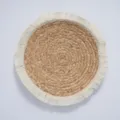 Handmade woven round placemat, natural straw water hyacinth table mat with white fringe. - 20cm Water Hyacinth Machine-Stitched Top with Tassels