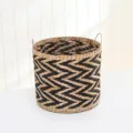 Woven storage basket detail, black and white pattern, natural straw material for home. - Horizontal Black Stripes