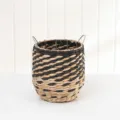 Handwoven storage basket detail view, black and natural straw woven utility bin with handles - Beveled Black Stripes