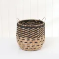 Handwoven straw storage basket with metal frame, black and natural design for home organizing. - Beveled Black Stripes - Medium
