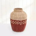 Close-up view of a handmade straw woven vase showing detailed two-tone texture and craft. - Bohemian Style Red Base Vases 32cm High